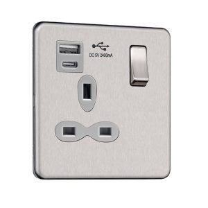 13A 1 Gang Switched Socket with Dual USB Charger - USB-A/C (Max.12W)