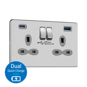 13A 2G Switched Socket with 45W Dual USB Quick Charger - USB-A/ C