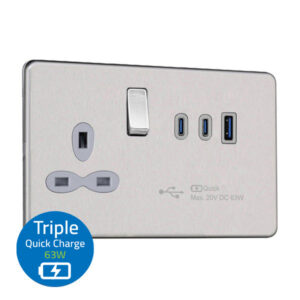 13A 1G Switched BS Socket with Triple USB Quick Charger-USB-A/ C x 2 (Max.63W)